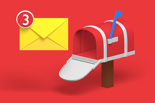 3d render classic mailbox with letter icon for post. Isometric concept personal delivery service for communication. Low poly. illustration.