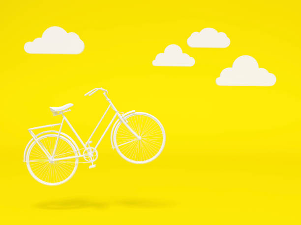 istock White bicycle floating on sky with Cloud shape decoration 3d rendering. 3d illustration ecological transport. Vintage bicycle on yellow background. Relax, holiday template minimal Summer concept. 1218543662
