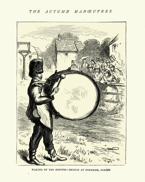 Vintage engraving of a British Army drummer, with a bass drum, Farnham Doset, 19th Century. Waking up the natives, Autumn manoeuvres of 1872