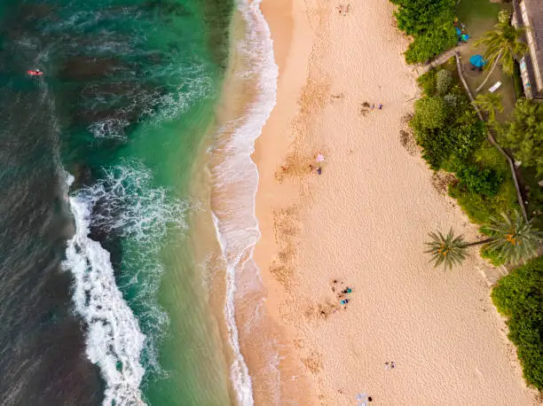 Sunset beach at Oahu, Northshore; Hawaii. Drone point of view.
