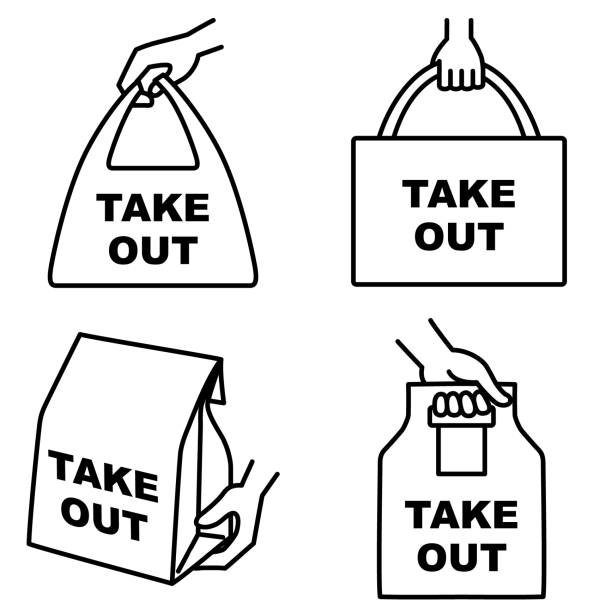 ilustraciones, imágenes clip art, dibujos animados e iconos de stock de conjunto de ilustraciones de 4 tipos de iconos de comida para llevar "take out" - paper bag illustrations