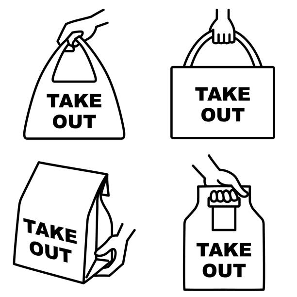 Illustration set of 4 types of take out food icons "TAKE OUT" Illustration set of 4 types of take out food icons "TAKE OUT" bag lunch stock illustrations