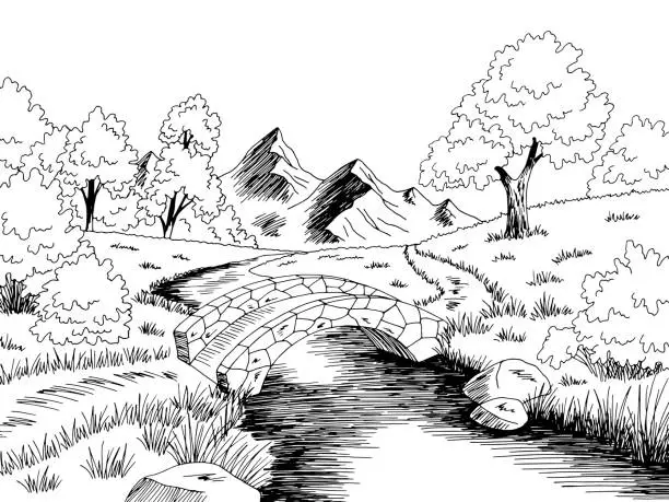 Vector illustration of Bridge graphic river black white landscape sketch illustration vector