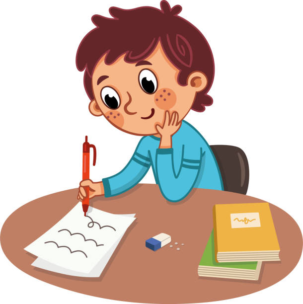 A boy is studying on a table. A boy is studying on a table. Vector illustration. kid doing homework clip art stock illustrations