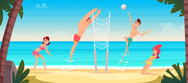 ilustrações de stock, clip art, desenhos animados e ícones de happy young people play volleyball on a sandy sea beach. volleyball competitions in the sand. - volleying sport summer men