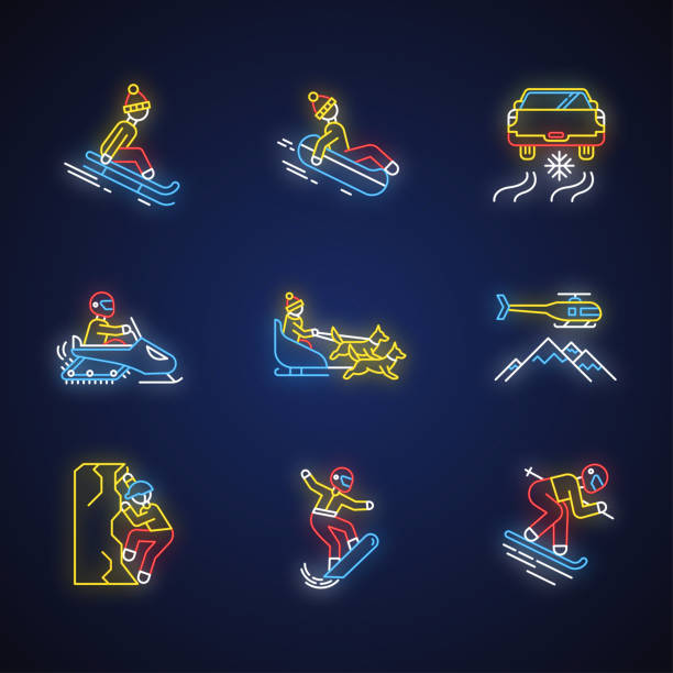 Extreme winter activity neon light icons set. Risky sport, adventure. Cold season outdoor leisure. Snowmobiling, ice climbing, sledding, snow tubing. Glowing signs. Vector isolated illustrations Extreme winter activity neon light icons set. Risky sport, adventure. Cold season outdoor leisure. Snowmobiling, ice climbing, sledding, snow tubing. Glowing signs. Vector isolated illustrations Snowmobiling stock illustrations