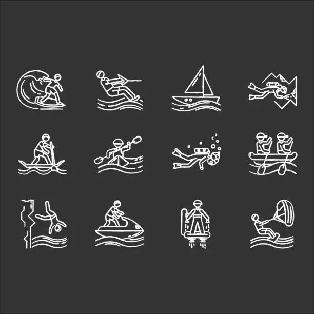 Vector illustration of Watersports chalk icons set. Cave diving, kiteboarding,flyboarding and jet skiing. Cliff jumping and paddle surfing. Watercraft and extreme kinds of sport.Isolated vector chalkboard illustrations