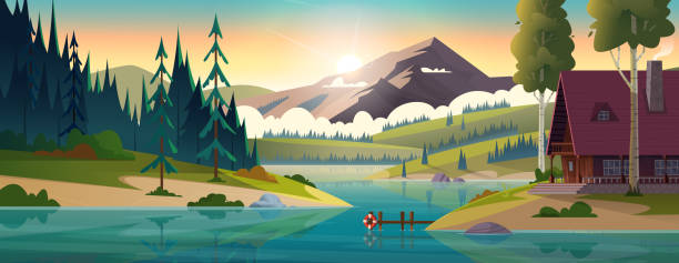 illustrations, cliparts, dessins animés et icônes de hutte au bord de la rivière en frjnt de montagnes rocheuses. maison sur la rive d’un lac de montagne propre. illustration moderne de dessin animé. - switzerland lake mountain landscape