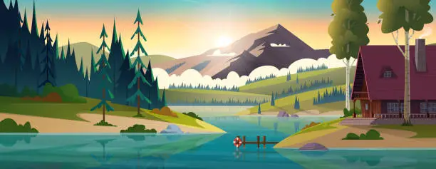 Vector illustration of Hut by the river in frjnt of rocky mountains. House on the shore of a clean mountain lake. Modern cartoon illustration.