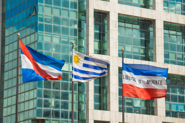 Three official uruguayan flags. Montevideo, Uruguay Uruguay - Montevideo - Three official uruguayan flags (flag of treinta y tres, flag of Uruguay and flag of Artigas) in front of abstract government building on Independence square (Plaza Independencia) muerte stock pictures, royalty-free photos & images