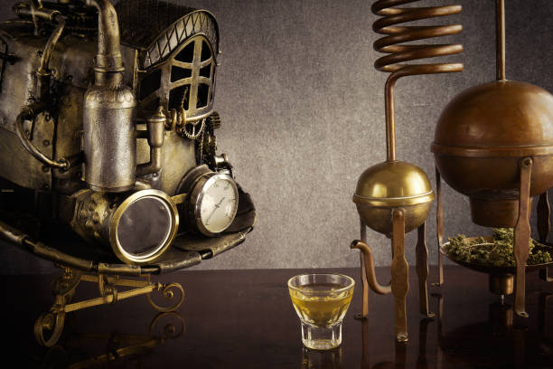 istock Steampunk hat and distiller, with infusion of aromatic plants 1218551887