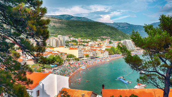 Promenade and main beach of Petrovac in Montenegro. Location: Petrovac town, Montenegro, Balkans, Europe