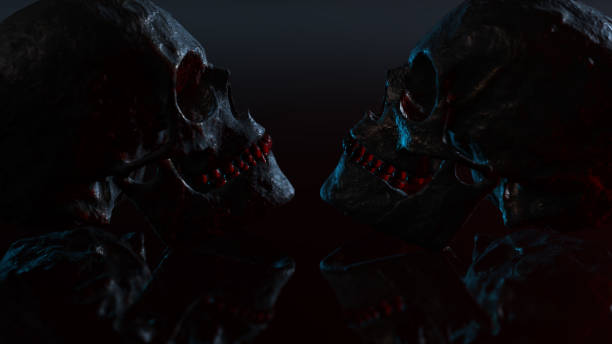 istock Human skull with dark background. Death, horror, anatomy and halloween symbol. 3d rendering, 3d illustration 1218552871