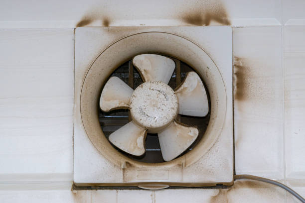 dmuchawa powietrza wywiewnego, wentylator wydechowy wentylatora lub wentylator kuchenny z brudnym zbliżeniem kurzu - electric fan ventilator isolated appliance zdjęcia i obrazy z banku zdjęć