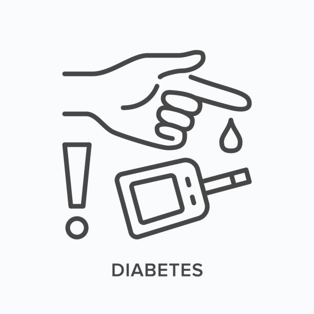 diyabetik kontrol hattı simgesi. vektör anahat illüstrasyon süreci glikoz ölçme . resim glucometer kullanarak el gösterir - glükomere stock illustrations