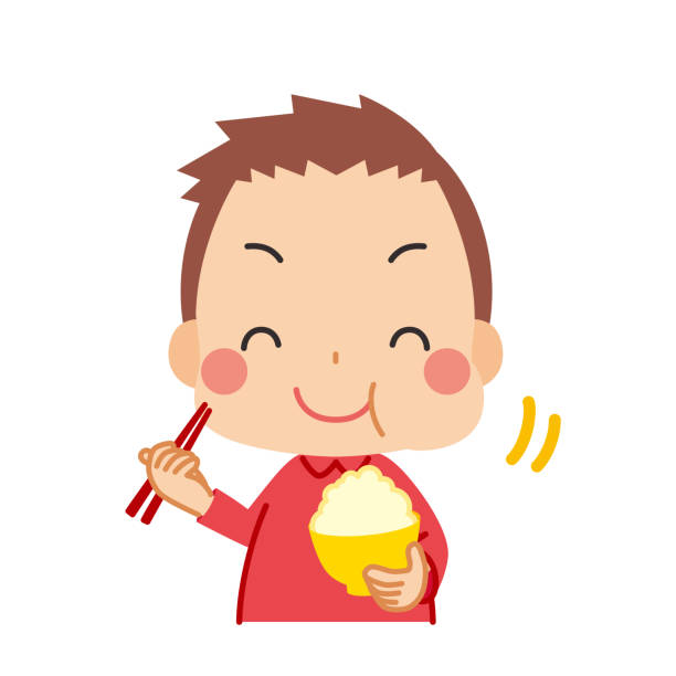 stockillustraties, clipart, cartoons en iconen met kind dat witte rijst eet - jongen peuter eten
