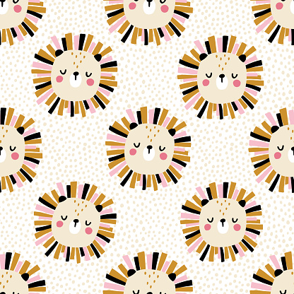 Lion with polka dots. Seamless pattern with cute animals faces. Childish print for nursery in a Scandinavian style. For baby clothes, interior, packaging. Vector cartoon illustration in pastel colors