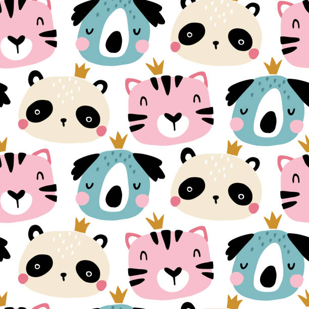 Seamless pattern with cute animals faces. Childish print for nursery in a Scandinavian style. For baby clothes, interior, packaging. Vector cartoon illustration in pastel colors Seamless pattern with cute animals faces. Childish print for nursery in a Scandinavian style. For baby clothes, interior, packaging. Vector cartoon illustration in pastel colors. dental gold crown stock illustrations
