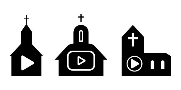 online nabożeństwo kwarantanny kwarantanny streaming wideo, kościół chrześcijański, kaplica z krzyżem płaskie ikony dla aplikacji i stron internetowych - religious icon video stock illustrations