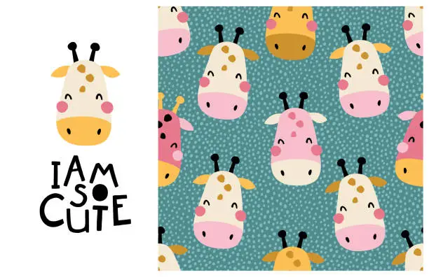 Vector illustration of Giraffe. I am so cute. Face of an animal with lettering and seamless pattern. Childish print for nursery in a Scandinavian style. For baby clothes. Vector cartoon illustration in pastel colors