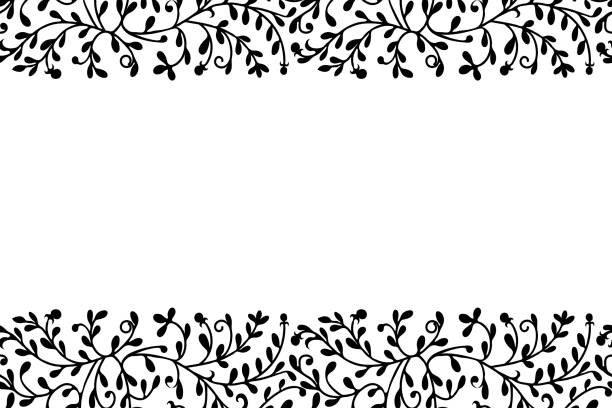 꽃 프레임 검은 잔디 패턴 고립 된 흰색 배경입니다. 텍스트에 대한 자리가있는 가로 원활한 테두리 패턴. 벡터 일러스트레이션 - interweave stock illustrations