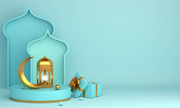 display del prodotto islamico beffardo su sfondo pastello blu. podio, luna crescente, lanterna, scatola regalo. ramadan, eid fitr adha, concetto mawlid, illustrazione di rendering 3d. - praying islam sacrifice mosque foto e immagini stock