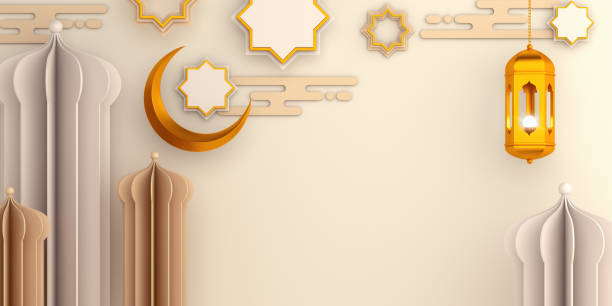 Arabic mosque paper cut, star ornament, lantern, crescent on white beige background. Design concept of islamic celebration day ramadan kareem or eid al fitr adha, copy space text, 3D illustration.