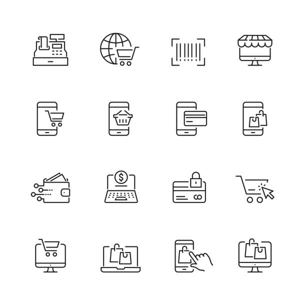 ilustrações de stock, clip art, desenhos animados e ícones de online shopping related icons - laptop retail e commerce store