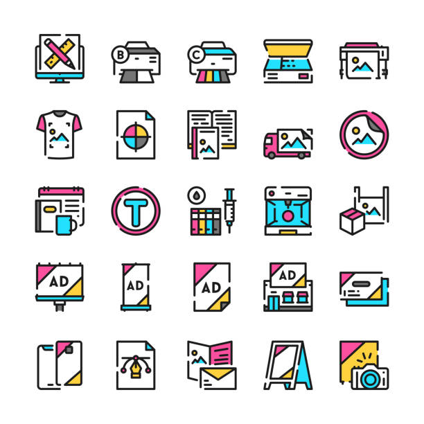 Typography symbols color linear vector icon set Typography or polygraphy symbols color linear vector icon set. Outline symbol collection includes printing, color palette, scanning, souvenir, promotional products, advertising, graphic design concept printer scanner stock illustrations