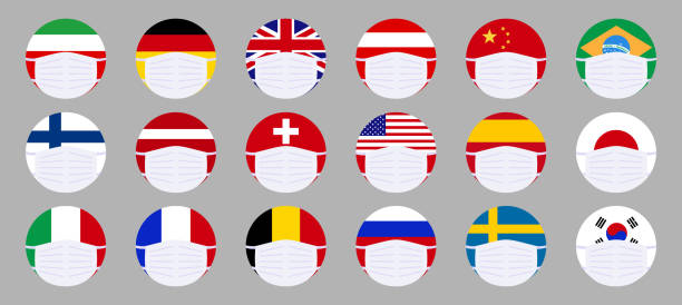 набор медицинских флагов в масках covid мультфильм вектор - brazil serbia stock illustrations