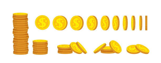 Gold coin stack flat cartoon set financial vector Coin stack flat cartoon set. Gold coins pile heap, bank currency sign. Pennies turn around, animation for game, apps. High stacks, financial growth. Hundreds cash bill. Isolated vector illustration coin illustrations stock illustrations