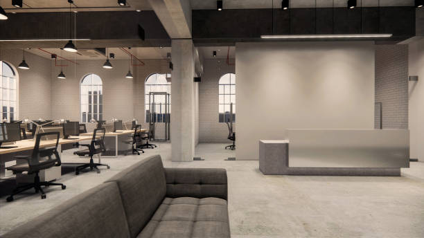 istock Interior Empty Modern Loft Office open space modern office footage.Modern open concept Lobby and reception area meeting room design.3d Rendering . 1218562096