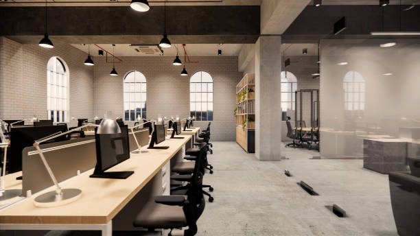 istock Interior Empty Modern Loft Office open space modern office footage.Modern open concept Lobby and reception area meeting room design.3d Rendering . 1218562132