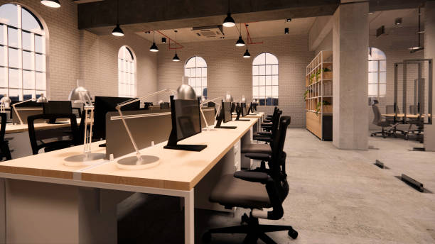 istock Interior Empty Modern Loft Office open space modern office footage.Modern open concept Lobby and reception area meeting room design.3d Rendering . 1218562154