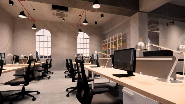 istock Interior Empty Modern Loft Office open space modern office footage.Modern open concept Lobby and reception area meeting room design.3d Rendering . 1218562175