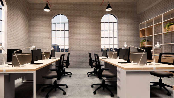 istock Interior Empty Modern Loft Office open space modern office footage.Modern open concept Lobby and reception area meeting room design.3d Rendering . 1218562190