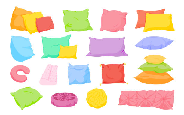 illustrations, cliparts, dessins animés et icônes de coussin d’oreiller flat cartoon ensemble vecteur textile de lit - pillow