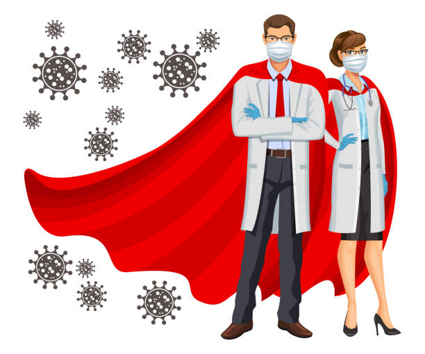 Superheroes Doctors. Female and male heroes doctors wearing red cloaks, protective gloves and mask. Protection against Caronavirus concept. Vector illustration. Superheroes Doctors. Female and male heroes doctors wearing red cloaks, protective gloves and mask. Protection against Caronavirus concept. Vector illustration red spectacles stock illustrations