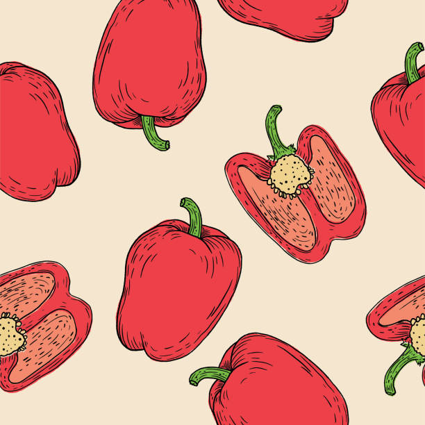 ilustrações de stock, clip art, desenhos animados e ícones de hand drawn bell peppers seamless pattern - pimento