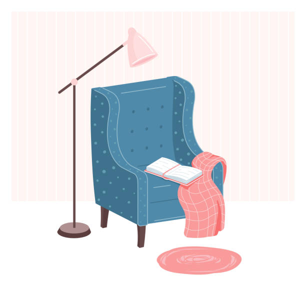 Home library. Open book, blanket on armchair and lamp in living room. Home reading concept Home library. Open book, blanket on armchair and lamp in living room. Home reading concept. urban dictionary stock illustrations