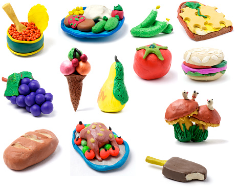 handmade plasticine mini sculptures of sandwich, ice cream, Turkey, bread, mushroom, caviar, grapes, tomato, burger, cheeseburger,
