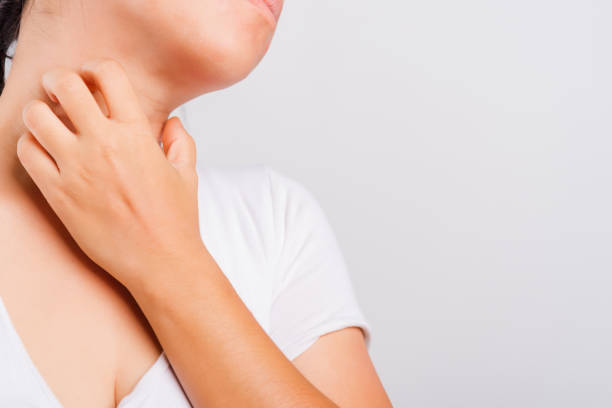 istock Asian beautiful woman itching her useing hand scratch itch neck on white background with copy space, Medical and Healthcare concept 1218564656