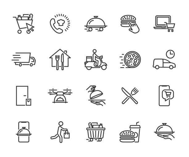 wektor zestaw ikon linii dostarczania żywności. zawiera ikony kosz żywności, zamówienie online, jedzenie w domu, bezdotykowa dostawa, fast food, kurier, restauracja w domu i więcej. piksel idealny. - restaurant icons stock illustrations