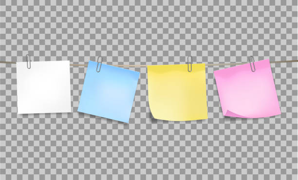 カラー付箋は透明な背景のテープに金属のペーパークリップを取り付けました。デザイン用のテンプレート。ベクターの図。 - sheet adhesive note paper note pad点のイラスト素材／クリップアート素材／マンガ素材／アイコン素材