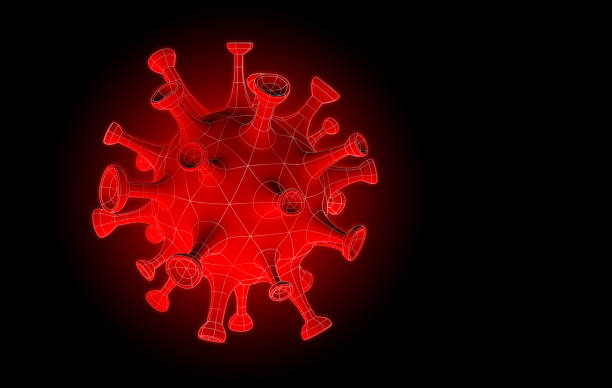 istock Red Coronavirus (COVID-19) with wireframe polygon outline mesh style on dark background 1218567302