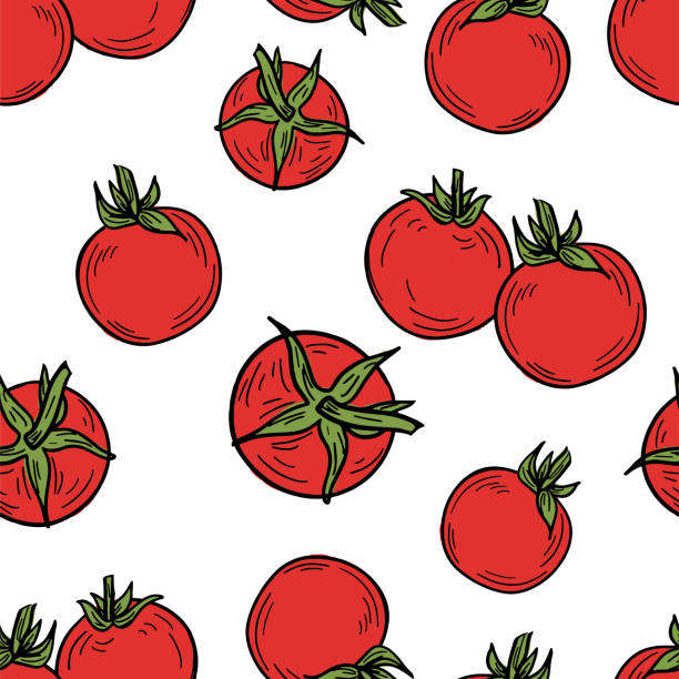ilustraciones, imágenes clip art, dibujos animados e iconos de stock de patrones sin costura de tomates dibujados a mano - heirloom tomato tomato vegetable fruit