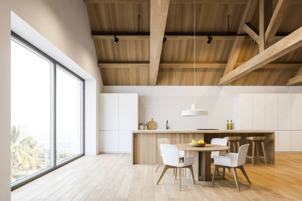 istock Luxury mansion kitchen interior with bar and table 1218568261