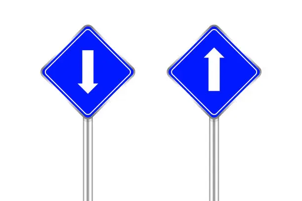 Vector illustration of road sign blue and white arrow pointing up and down, traffic road sign blue isolated on white, blue traffic sign ahead and down, warning caution sign and steel pole for direction signpost the way