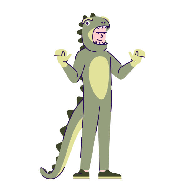 istock Man dressed in dinosaur costume flat vector illustration. Cartoon character with outline elements isolated on white background. Dino carnival outfit. Person dressing like animal for Halloween 1218569487