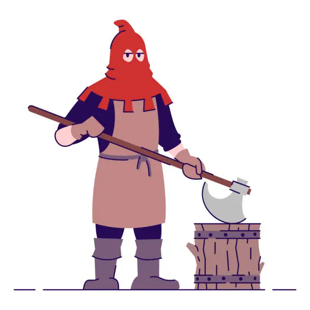 Vector illustration of Medieval executioner flat vector illustration. Historical headsman with axe wearing red mask isolated cartoon character with outline elements on white background. Middle age personage